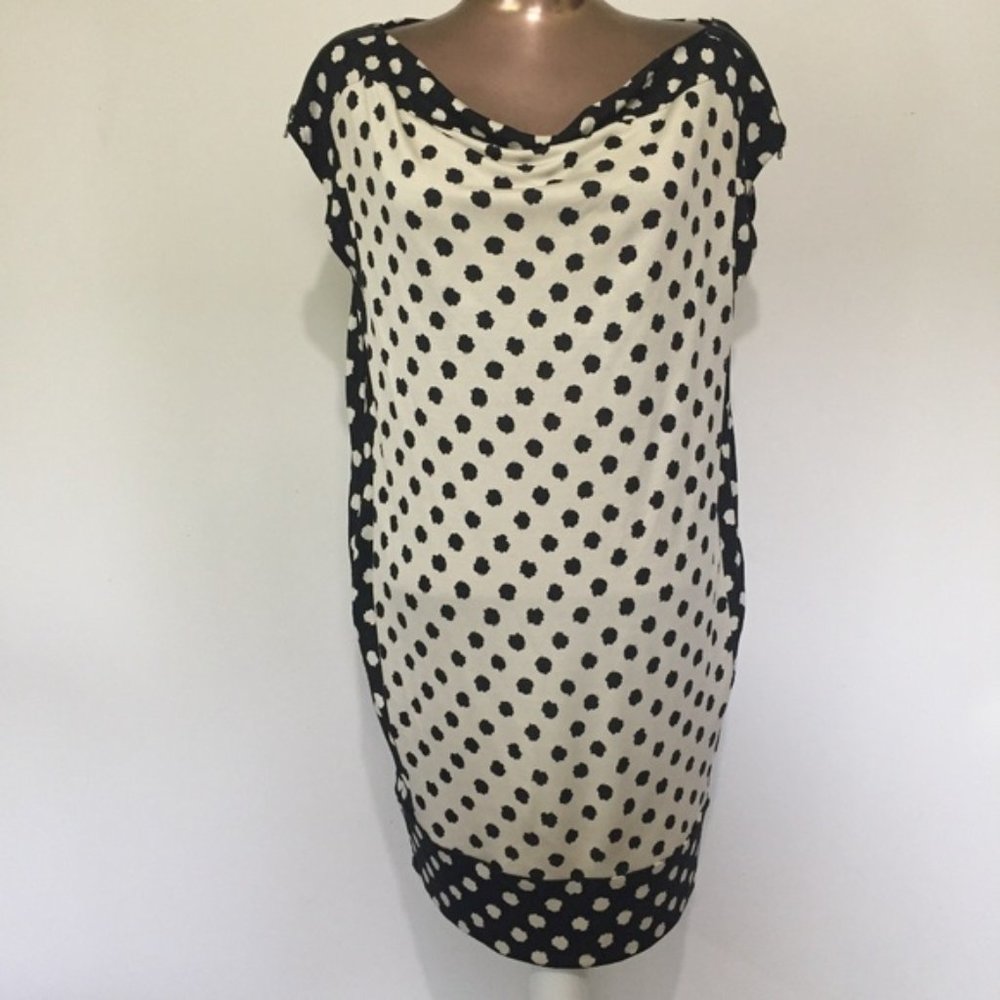 DVF Black White Polka Dot Zipper Silk Shift Dress Sz 8